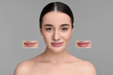 Attractive woman with beautiful lips on grey background. Zoomed areas showing difference in lip fullness due to cosmetic procedure clipart