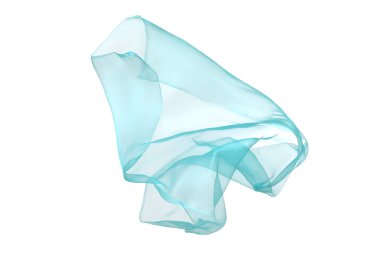 Beyaz arka planda uçan açık mavi tül kumaş