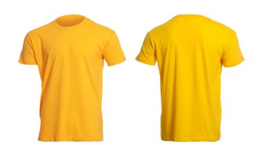 Beyaz üzerine izole edilmiş, dizayn için yeri olan sarı tişört. Arka ve ön görüntüler