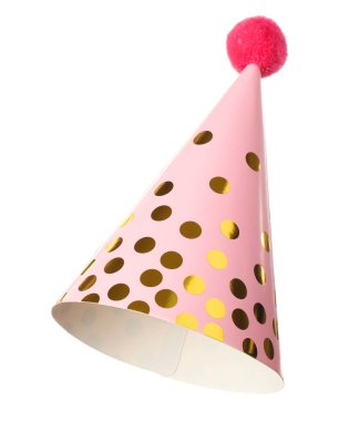 Bir pembe parti şapkası beyaza izole edilmiş