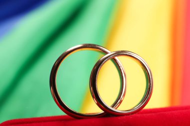 Gökkuşağı LGBT bayrağında alyanslar, yakın plan.