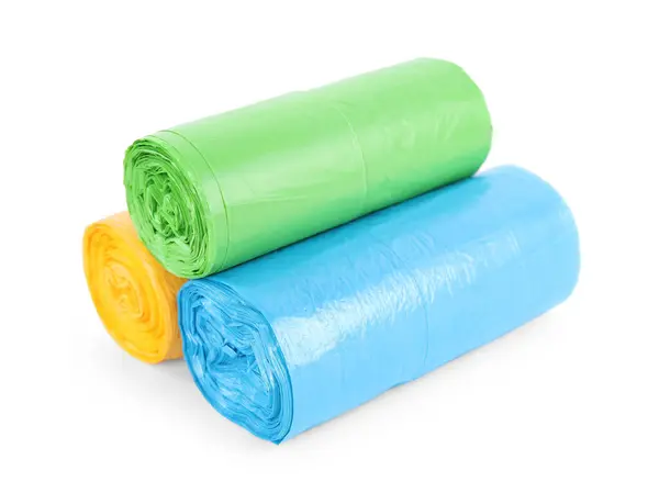Rolls Colorful Garbage Bags Isolated White — Stock Photo, Image