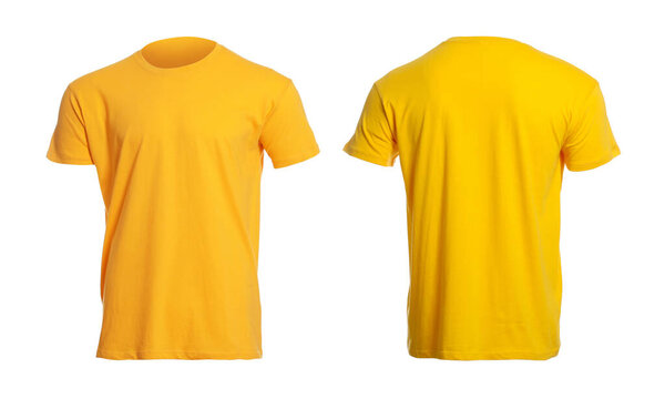 Желтая футболка с пространством для дизайна изолирована на белом. Вид сзади и спереди