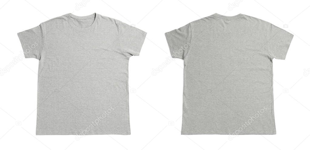 Grey t-shirt with space for design isolated on white. Back and front views