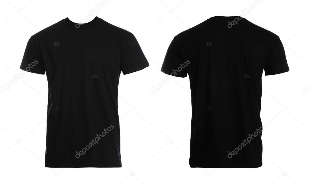 Black t-shirt with space for design isolated on white. Back and front views