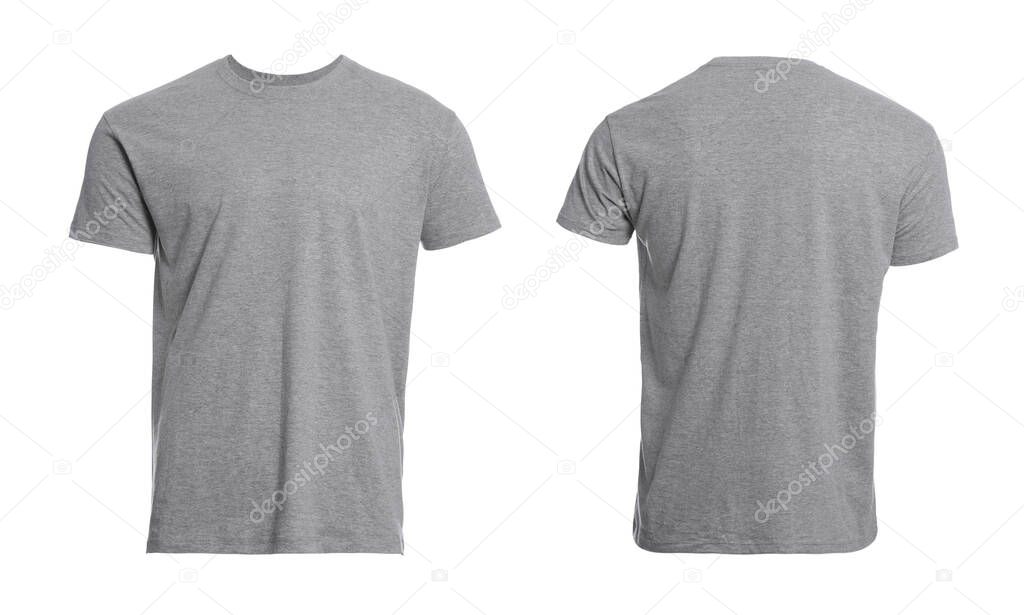 Grey t-shirt with space for design isolated on white. Back and front views