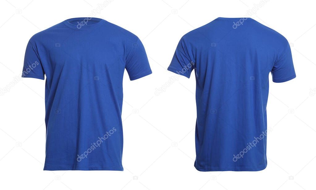 Blue t-shirt with space for design isolated on white. Back and front views