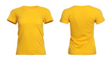 Beyaz üzerine izole edilmiş, dizayn için yeri olan sarı tişört. Arka ve ön görüntüler