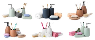 Farklı banyo aksesuarları ve kişisel bakım ürünleri beyaz, set üzerinde izole