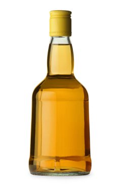 Beyaz şişede izole edilmiş viski.