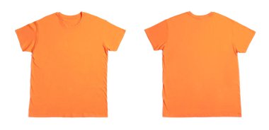 Beyaz üzerine izole edilmiş turuncu tişört. Arka ve ön görüntüler