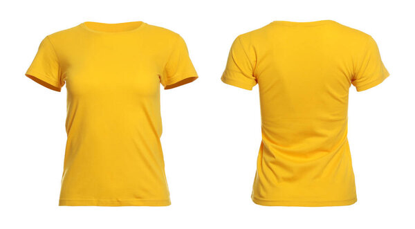 Желтая футболка с пространством для дизайна изолирована на белом. Вид сзади и спереди