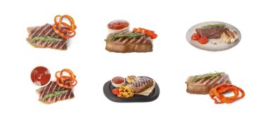 Lezzetli ızgara biftekler, sebzeler ve baharatlar beyaza izole edilmiş.