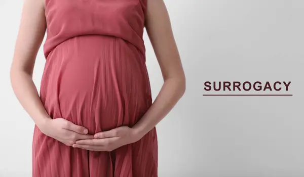 Surrogacy Pregnant Woman Touching Her Belly Light Background Closeup Banner — Stock Photo, Image