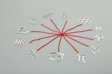 Zodiac compatibility. Signs and red threads on grey background clipart