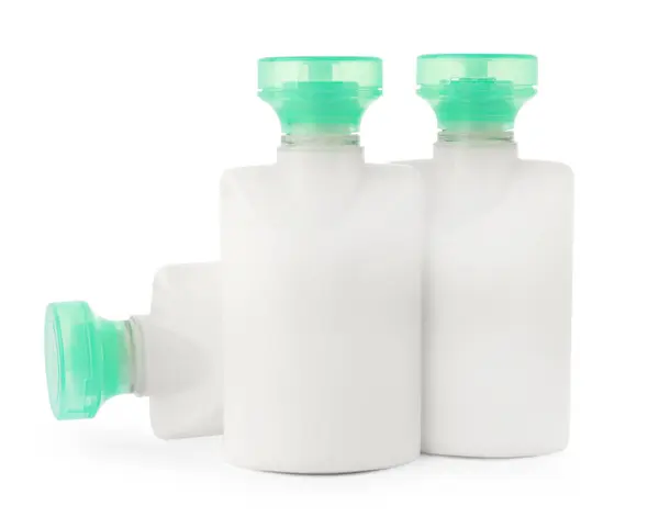 Mini Bottiglie Prodotti Cosmetici Isolate Bianco — Foto Stock