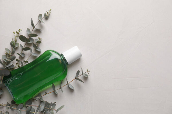 Свежая жидкость для полоскания рта в бутылке и эвкалиптовых ветвях на светлом фоне, вид сверху. Пространство для текста