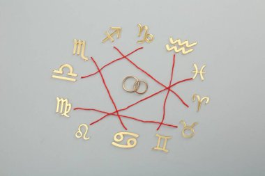 Zodiac compatibility. Signs, red threads and wedding rings on grey background, flat lay clipart