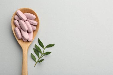 Ahşap kaşıkta vitamin hapları ve açık gri arka planda ince dal. Üstten bakınca yazı için yer var. Sağlık takviyesi