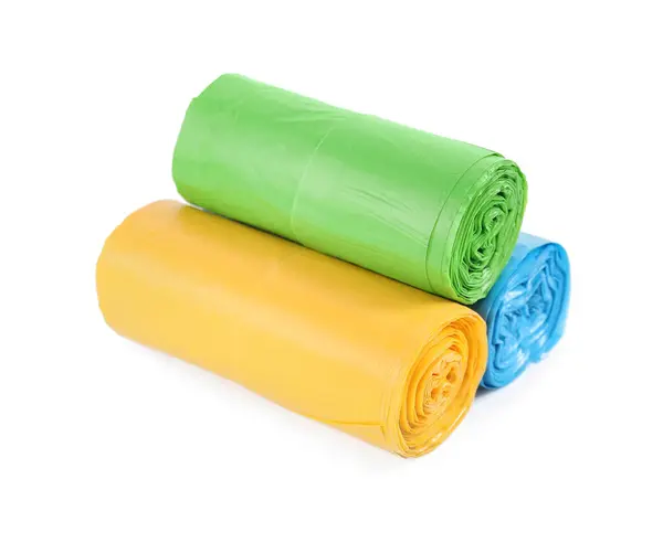 Rolls Colorful Garbage Bags Isolated White — Stock Photo, Image