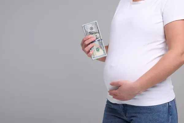 Taşıyıcı Anne Açık Gri Arka Planda Dolar Banknotları Olan Hamile — Stok fotoğraf