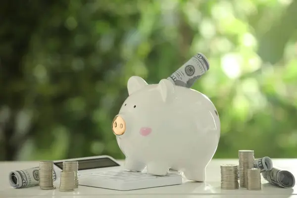 Poupança Financeira Piggy Bank Com Notas Dólar Moedas Empilhadas Calculadora — Fotografia de Stock