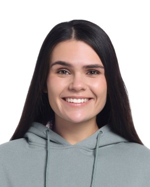 Pasaport fotoğrafı. Beyaz arka planda genç bir kadının portresi