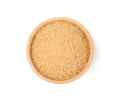 Kahverengi şeker ahşap kasede izole edilmiş beyaz, üst manzara