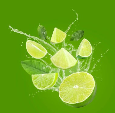 Yeşil arka planda kireç, yapraklar ve serpinti suyu.