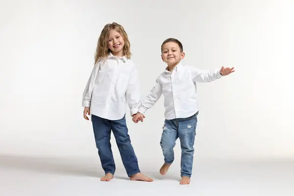 stock image Cute little children on white background. Happy family