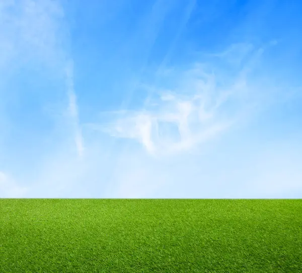 Grönt Gräs Blå Himmel Med Moln — Stockfoto