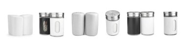 Different salt and pepper shakers isolated on white, set clipart