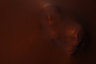 Kahverengi kumaşın arkasında kafatasları olan ürkütücü hayalet silueti. Metin için boşluk