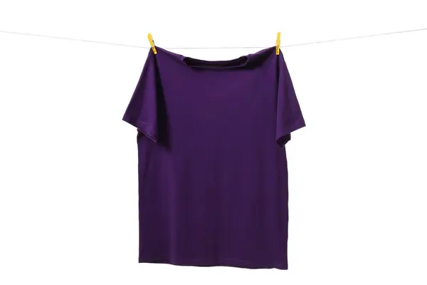 One Purple Shirt Drying Washing Line Isolated White — Stock Photo, Image