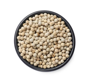 Aromatik baharat. Kasede bir sürü karabiber var, beyaz, üst görünümde.