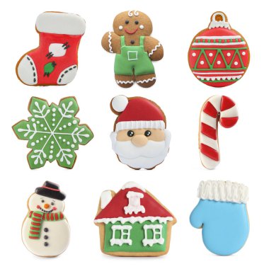 Farklı lezzetli Noel kurabiyeleri, beyaza izole edilmiş, üst manzara