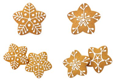 Lezzetli yıldız şekilli Noel kurabiyeleri, beyaz, üst manzara izole edilmiş.