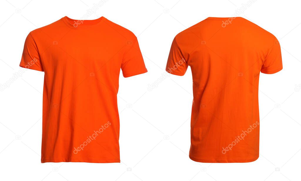 Orange t-shirt with space for design isolated on white. Back and front views