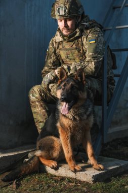 Alman çoban köpeği olan Ukraynalı asker dışarıda oturuyor.