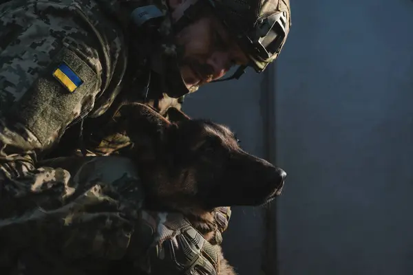 Ukrainian soldier with German shepherd dog near wall outdoors. Space for text