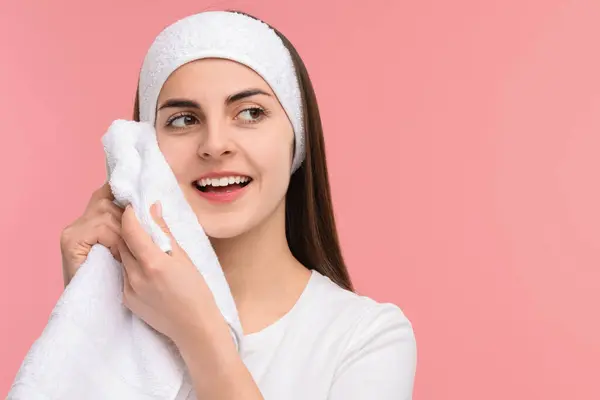 Washing Face Young Woman Headband Towel Pink Background Space Text — Stock Photo, Image