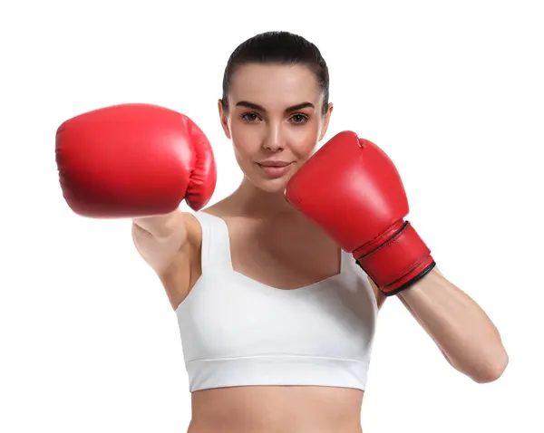 Beautiful Woman Boxing Gloves White Background Stock Image