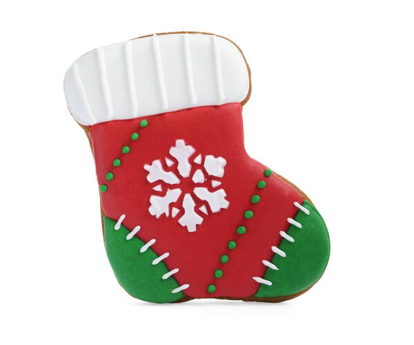 Christmas cookie in shape of stocking isolated on white
