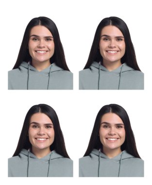 Pasaport fotoğrafı, kolaj. Beyaz arka planda bir kadın, bir dizi fotoğraf