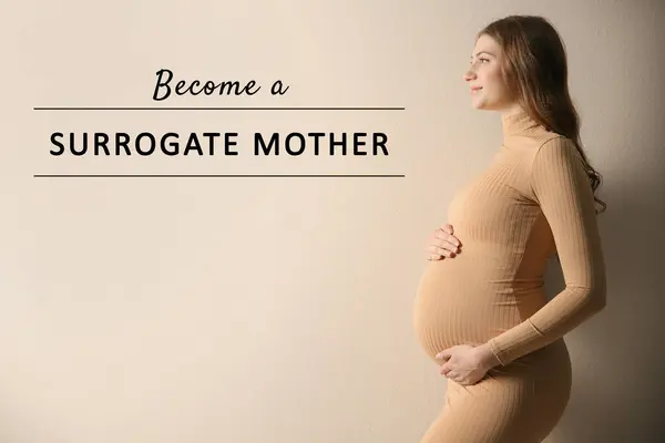 Madre Subrogada Mujer Embarazada Tocando Vientre Sobre Fondo Beige —  Fotos de Stock