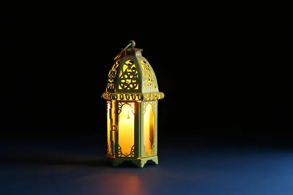 Decorative Arabic Lantern Table Dark Background Space Text — Stock Photo, Image