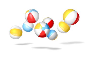 Beyaz arkaplana düşen renkli şişme toplar