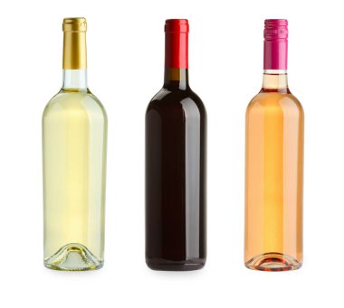 Beyaz, gül ve kırmızı şarap şişeleri, beyaz, set