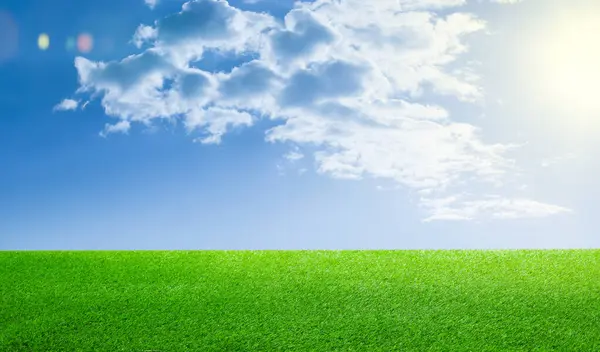 Green grass under blue sky with clouds, banner design