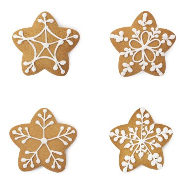 Lezzetli yıldız şekilli Noel kurabiyeleri, beyaz, üst manzara izole edilmiş.